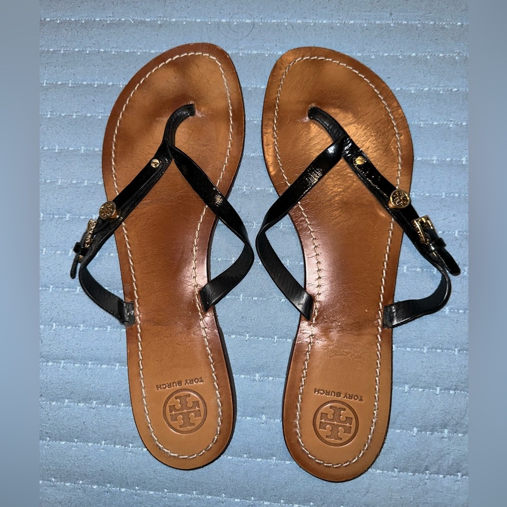 Tory Burch Black and Tan Leather Thong Sandals